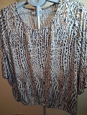 Animal-Print Short Sleeve Blouse in White, Black & Brown Sequins